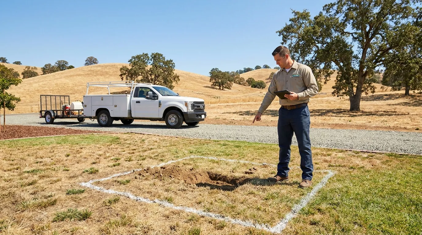 Drain field area being assessed at a Clovis, CA property