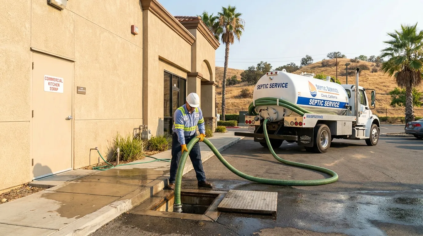 Grease trap being pumped at a Clovis, CA commercial kitchen