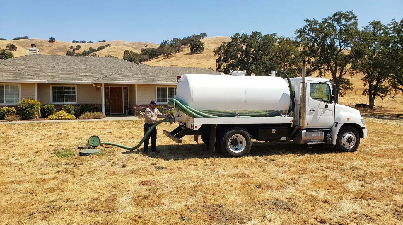 Septic service truck servicing a residential septic tank near Clovis, CA