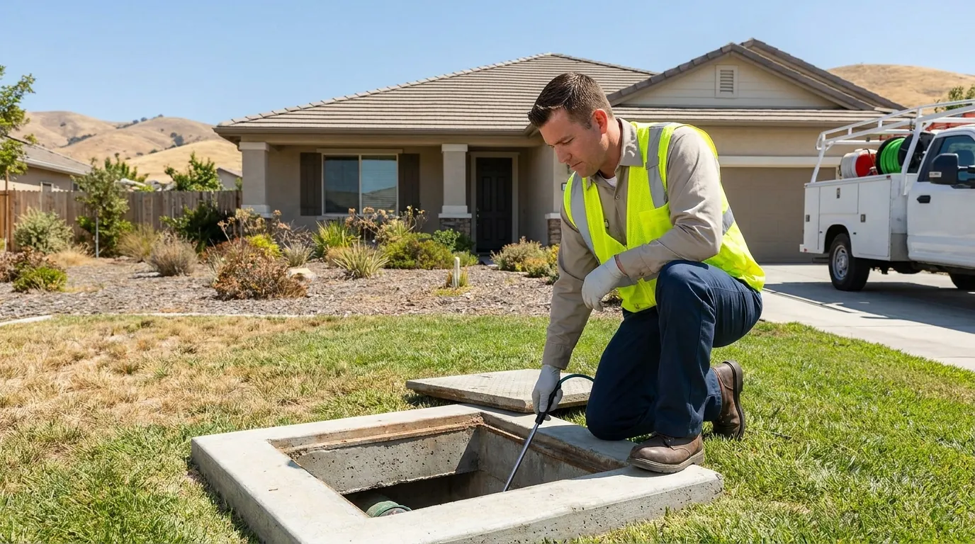 Technician inspecting a septic tank access port in Clovis, CA