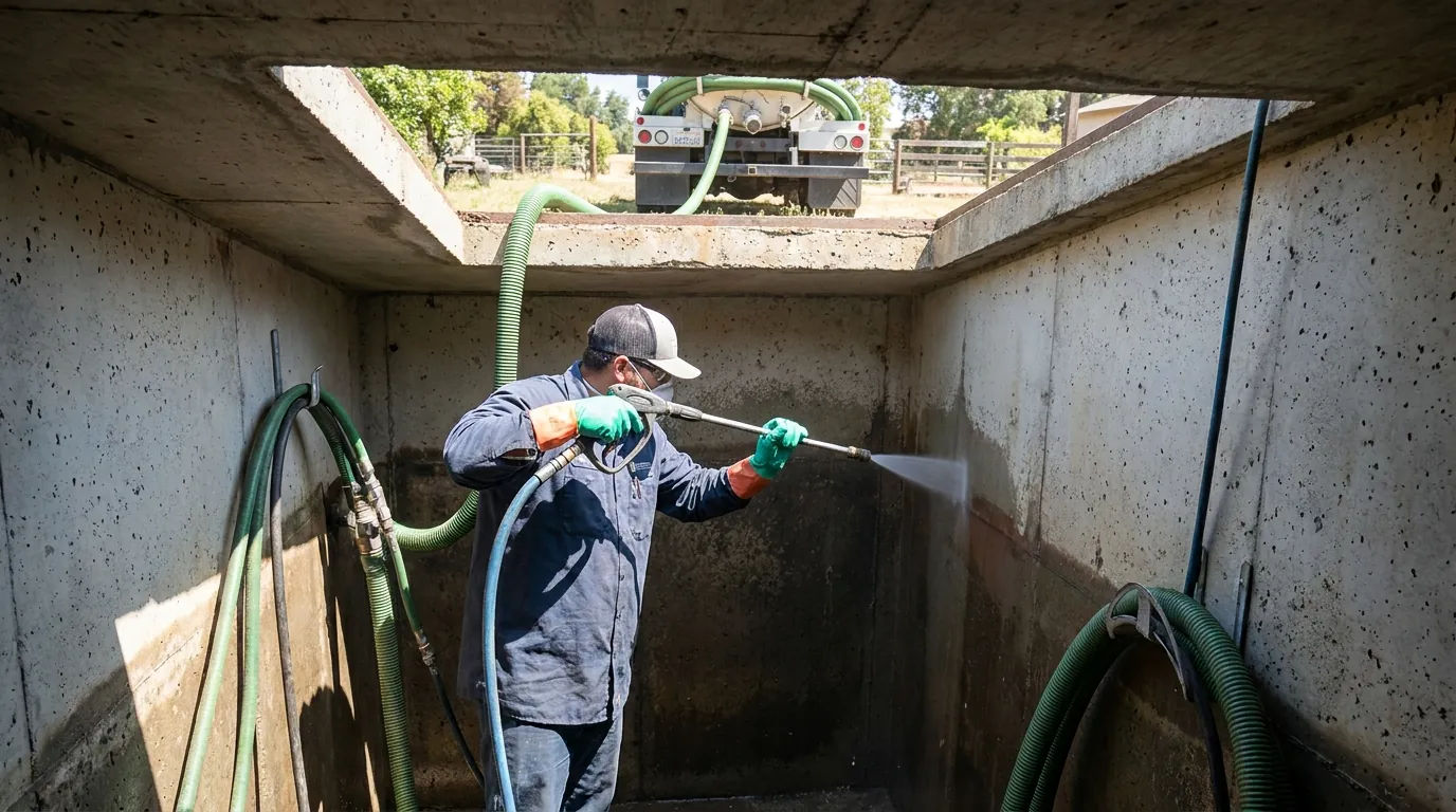 Interior of a septic tank being cleaned at a Clovis, CA property